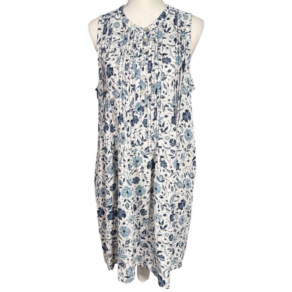 Faherty Isha Sleeveless Dress Linen Blend Pintuck Blue Floral Women’s Medium